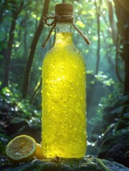 Refreshing lemon drink bottle glows in a serene jungle setting during golden hour