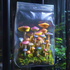 Colorful mushrooms growing inside a clear bag in a lush forest setting