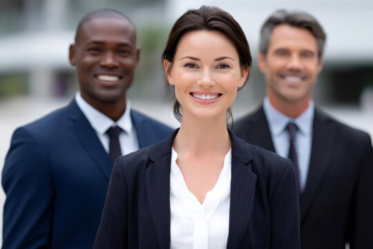 Diverse business team smiling standing together outdoors - Powered by Adobe