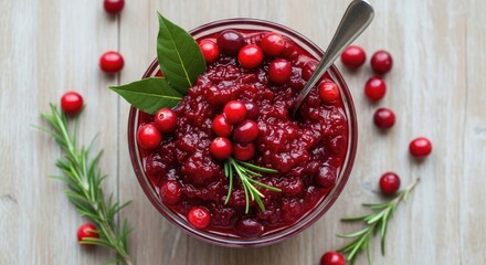 Cranberry sauce in glass bowl with fresh berries and rosemary