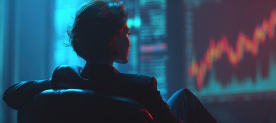 Businesswoman Analyzing Market Fall in Dark Co-Working Space with Holographic Data