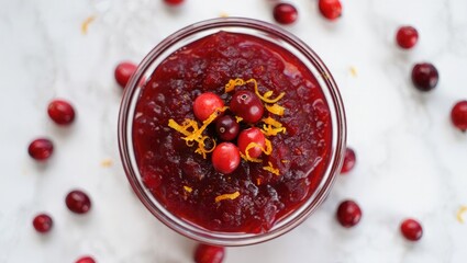 Cranberry sauce in glass bowl with fresh cranberries and orange zest