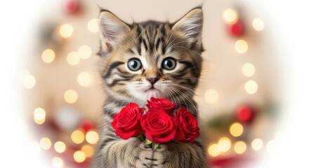 Adorable tabby kitten wearing red roses isolated on white background
