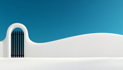 A minimalist white wall with a curved top features a black slatted gate, creating a serene, modern architectural scene against a clear blue sky