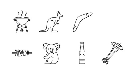 Australian icon set: bbq, kangaroo, boomerang, koala, beer, sausage