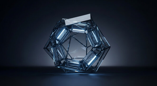 Abstract geometric crystal structure with glowing blue lights, perfect for technology concepts, innovation, and futuristic designs