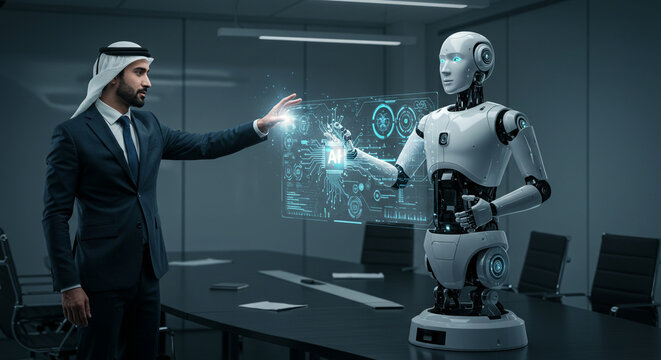 Arab businessman collaborating with AI robot on futuristic interface, exploring innovative technology solutions in a modern office environment