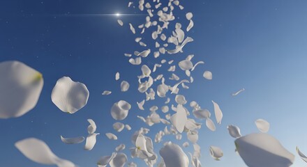 Delicate White Rose Petals Falling Gracefully Against a Bright Blue Sky
