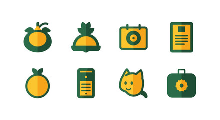 Collection of flat dual-tone icons featuring fruits, gadgets, and daily objects