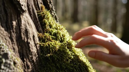 A delicate hand gently caresses the soft texture of vibrant moss clinging to the rough bark of an ancient tree, evoking a sense of calm. - Powered by Adobe