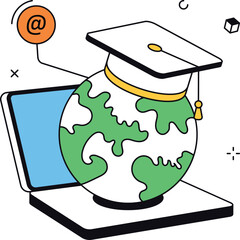 Online learning globe with graduation hat email isometric flat vector illustration