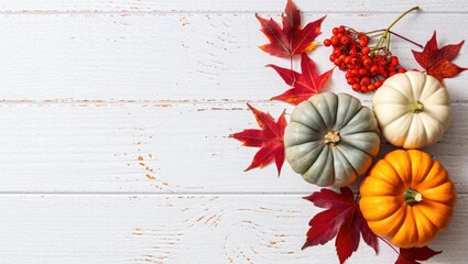 Four pumpkins and red maple leaves on white wood autumn