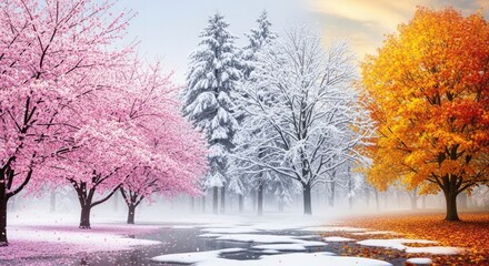 Four Seasons Landscape Pink Cherry Blossoms Snowfall Autumn Leaves