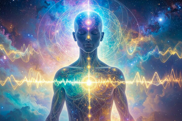 3D render of a woman's blue anatomical model head in the sky for science and health illustration