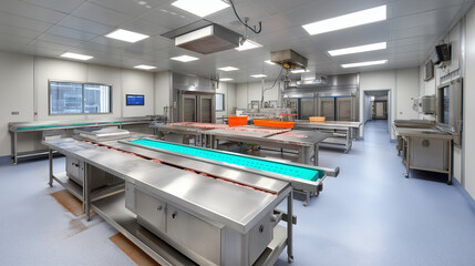 Meat processing plant with stainless steel cutting tables, conveyor belts, automated slicers, bright hygiene-focused lighting, detailed workflow environment.