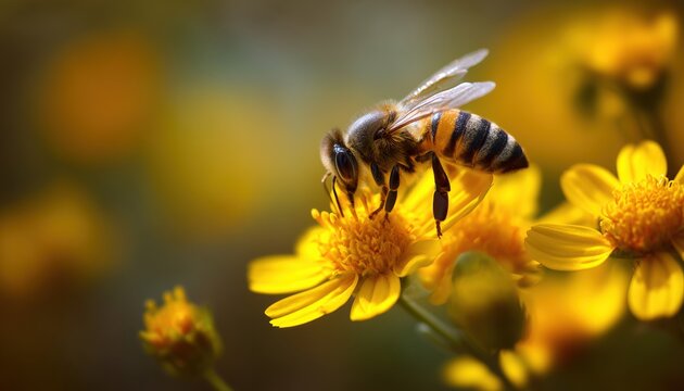 Large Striped Bee Collecting Honey On A Yellow Flower In Close-Up Macro Photography On A Sunny Day In Summer And Spring