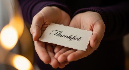 Hands holding a card with the word Thankful paper