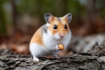 Hamster holding nut on tree bark looking at camera