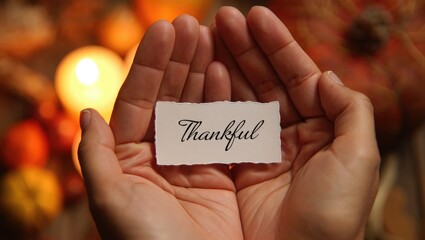 Hands holding paper with word thankful autumn background