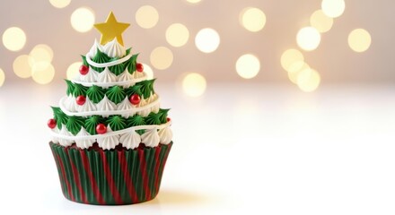 Festive christmas tree cupcake isolated on white background