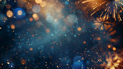 Golden and blue New Year fireworks with soft bokeh and spacious text area.