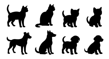Cat and dog silhouettes set. Flat illustrations of pets.