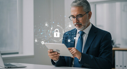 Professional businessman using a tablet with digital security icons, data protection and cyber security concept in a bright office environment