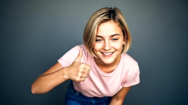 Happy woman giving thumbs up, smiling and showing approval.