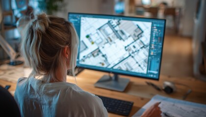 Woman Using Room Floor Planner Software To Zoom In On Project Draft And Create Interior Designs In 2d On A Computer Monitor Screen. Cad Blueprints And Floor Plan View.