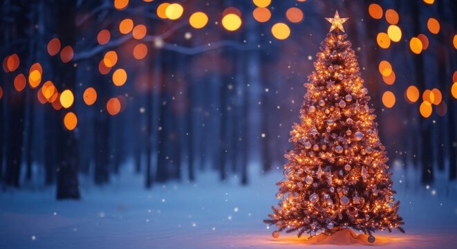 Decorated christmas tree in snowy forest with bokeh lights isolated on white background