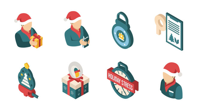 Isometric christmas icons: santa hats, gifts, holiday stress timer and more