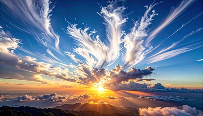 white particle clouds floating across the sky at sunrise