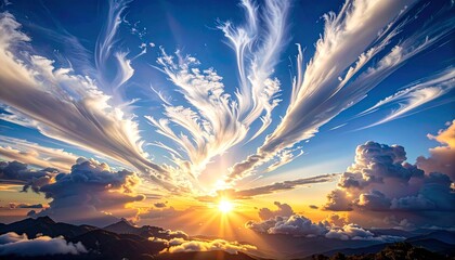 white particle clouds floating across the sky at sunrise