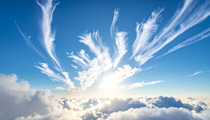 white particle clouds floating across the sky at sunrise