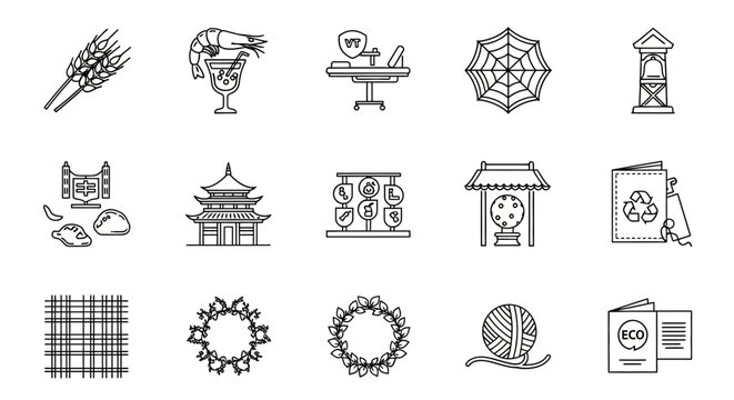 Minimalistic outline icons of food, buildings, nature, and sustainability themes
