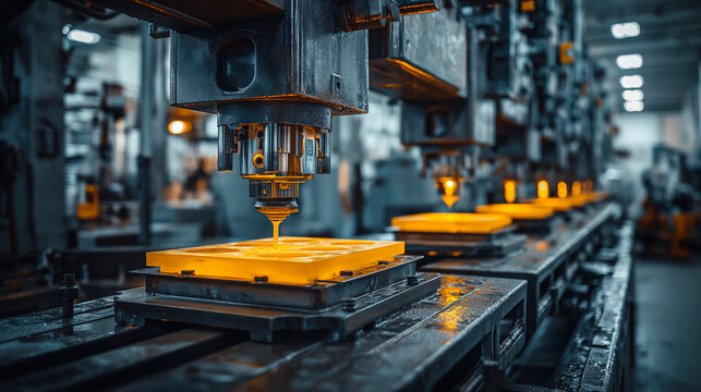 Plastic injection molding factory, molten plastic filling molds, detailed machinery, warm industrial lights, macro realism.