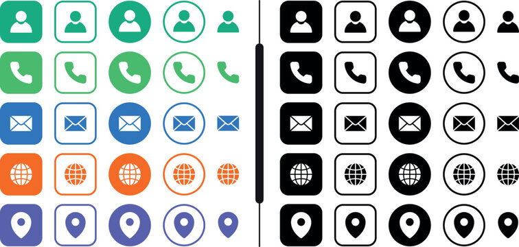 Latest contact icon vector set. Phone, email, website, location pin, name. In square, round, outline styles