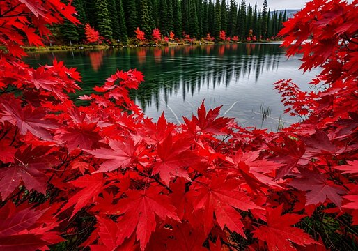 Vibrant Red Maple Leaves Framing a Serene Autumn Lake with Evergreen Reflections