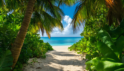 Sandy path leads to ocean beach among rich tropical plants. Palm trees overhang shore with calm turquoise water lagoon