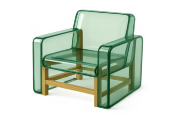 Modern green transparent plastic armchair with wooden frame on a transparent background, contemporary design furniture