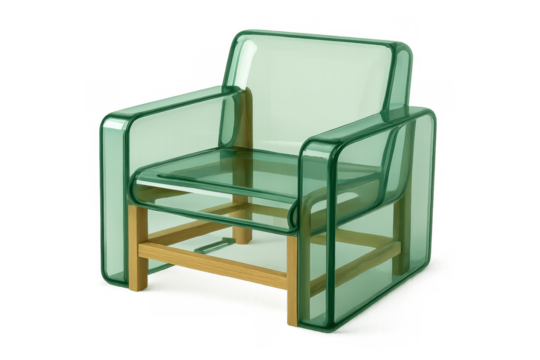 Modern green transparent plastic armchair with wooden frame on a transparent background, contemporary design furniture - Powered by Adobe