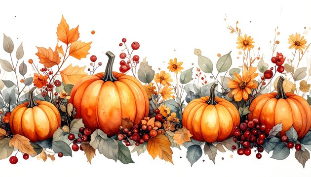 Autumn Harvest Watercolor - Pumpkins, Berries, and Floral Abundance. - Powered by Adobe