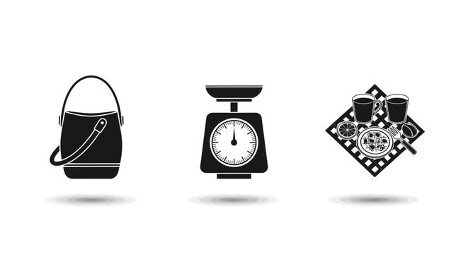 Silhouette designs: fashion handbag, kitchen scale, breakfast setup