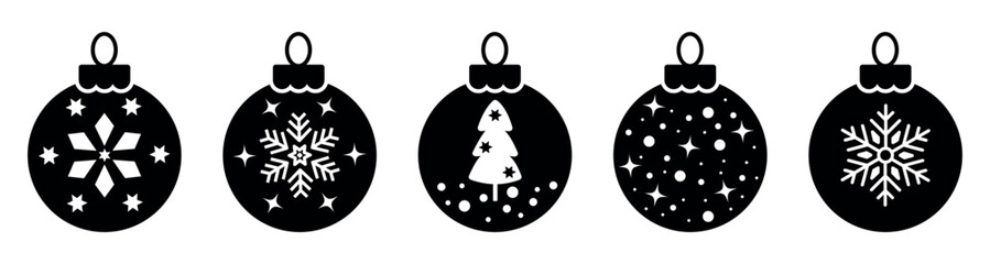 Black Christmas balls icon set with snowflakes, stars and tree designs. Festive minimalist holiday bauble for winter decorations, cards, prints and seasonal graphic projects © Mirikiteki