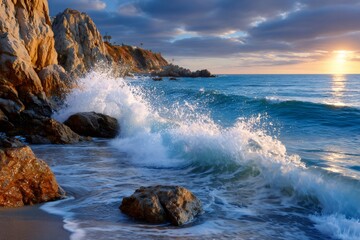 Obraz premium Rushing ocean waves crashing against rocks at sunset
