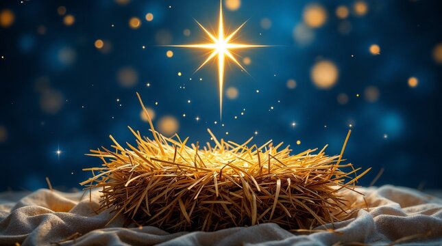The Star of Bethlehem shining over an empty manger in a nativity scene. Christian Christmas background with copy space. Holy night and the birth of Jesus concept