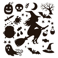 Spooky Halloween silhouette illustrations including a witch on a broomstick, a pumpkin, a skull, a ghost, bats, and a cauldron.