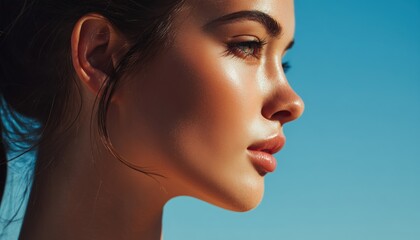 Stunning Close-Up Profile Portrait Of A Young, Well-Groomed Girl Against A Bright Blue Sky With Sunlight. Smooth, Shiny Skin And Tan Glow For Advertising.