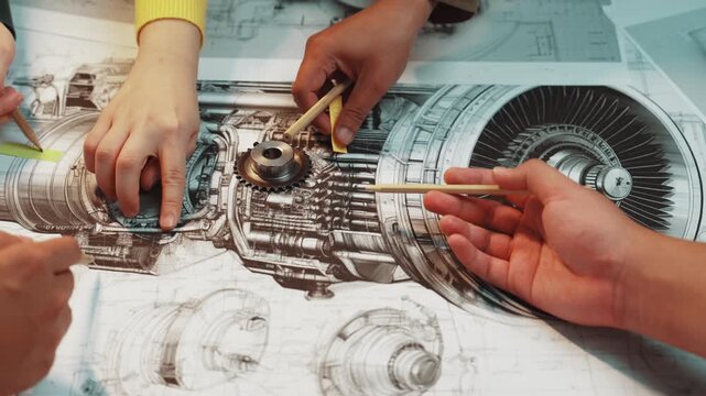 Hands work together on a technical drawing of an aircraft engine, showcasing collaboration and precision in engineering design processes within a workshop environment. SACTR