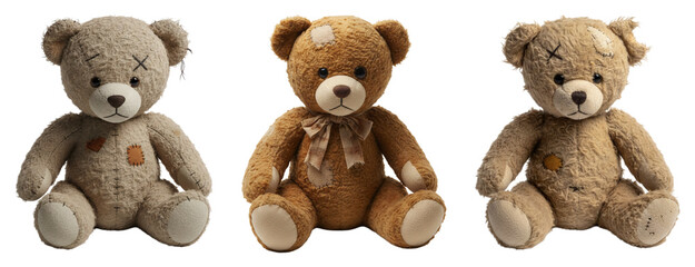 Trois ours en peluche tristes vintage, us&eacute;s et rapi&eacute;c&eacute;s, sur fond transparent